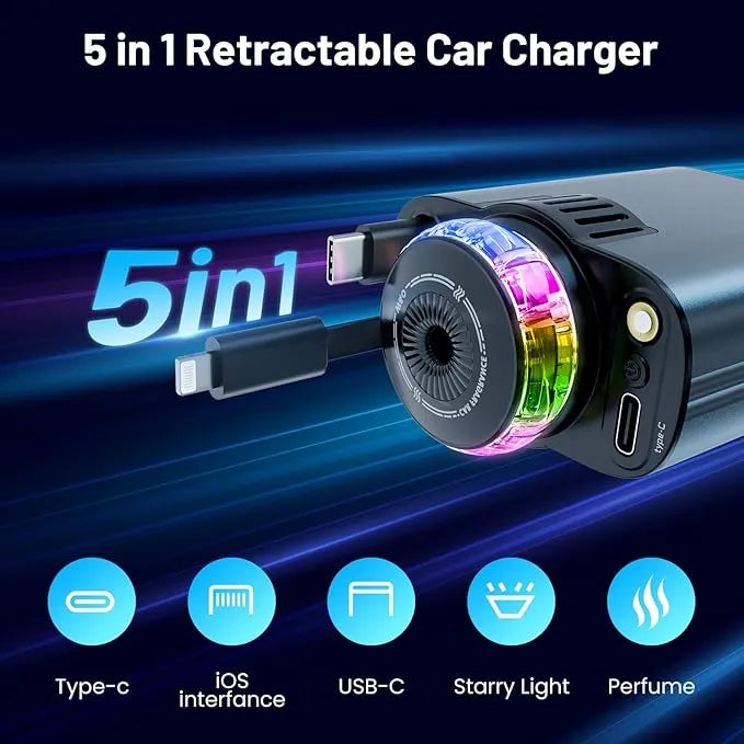 Chargeur voiture rapide 66W avec éclairage starlight et parfum intégré (5 en 1)