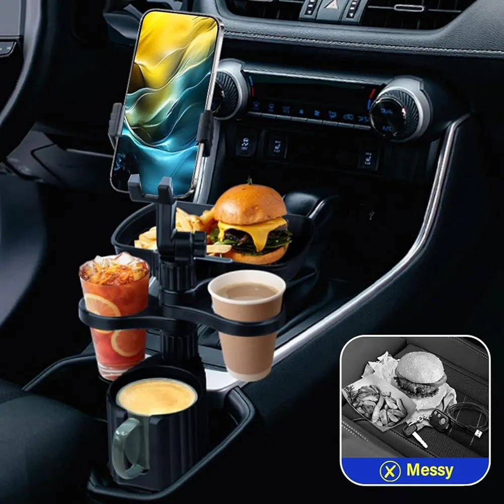 Support Auto 4×1 : Plateau Repas & Porte-Gobelet Rotatif 360°