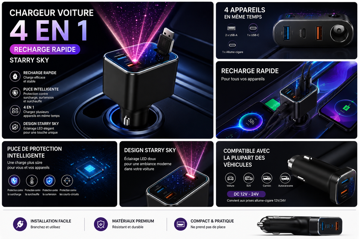 🚗 Chargeur Voiture 4-en-1 – Recharge Rapide & Design Starry Sky