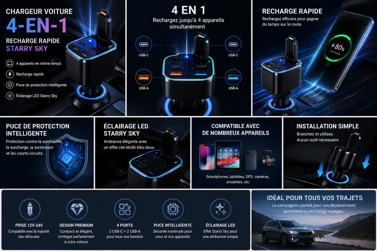 🚗 Chargeur Voiture 4-en-1 – Recharge Rapide & Design Starry Sky