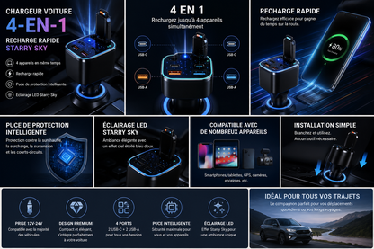 🚗 Chargeur Voiture 4-en-1 – Recharge Rapide & Design Starry Sky