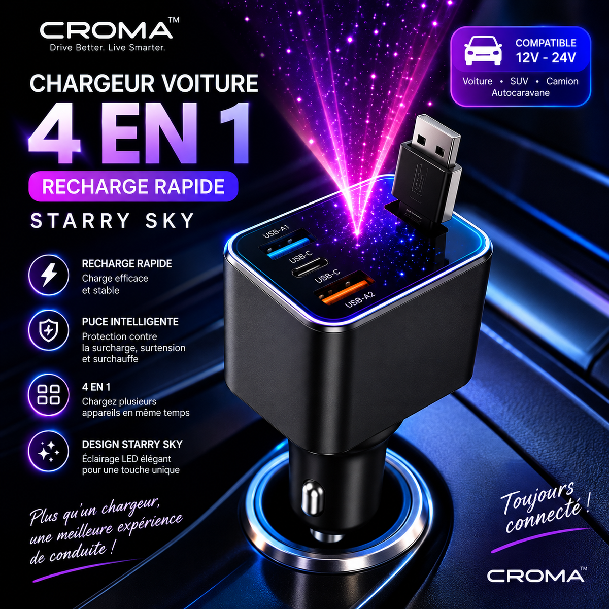 🚗 Chargeur Voiture 4-en-1 – Recharge Rapide & Design Starry Sky