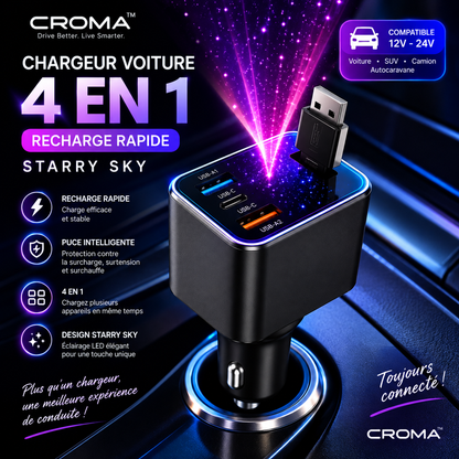 🚗 Chargeur Voiture 4-en-1 – Recharge Rapide & Design Starry Sky