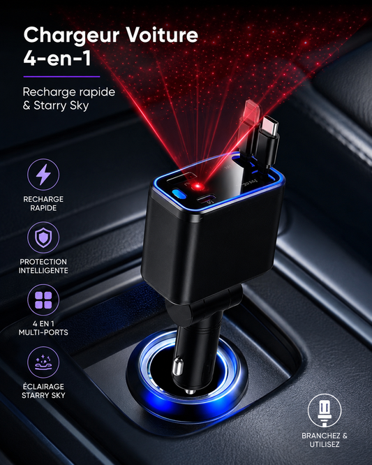 🚗 Chargeur Voiture 4-en-1 – Recharge Rapide & Design Starry Sky