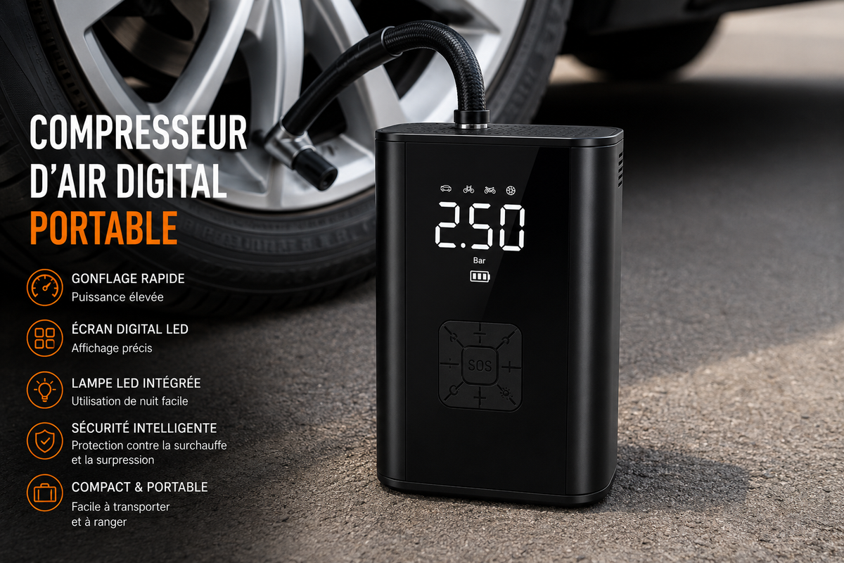 🚗 Compresseur d’Air Digital Portable – Gonflez vos pneus facilement