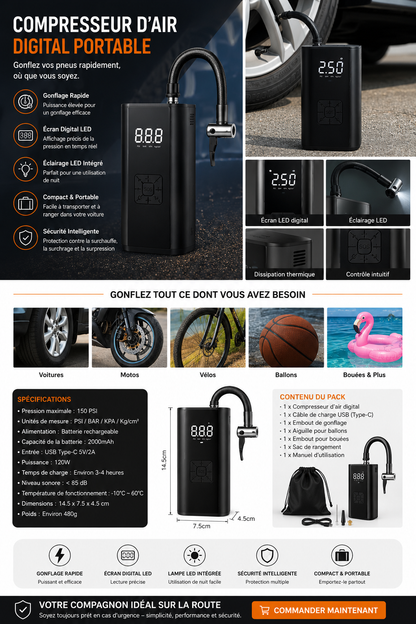 🚗 Compresseur d’Air Digital Portable – Gonflez vos pneus facilement