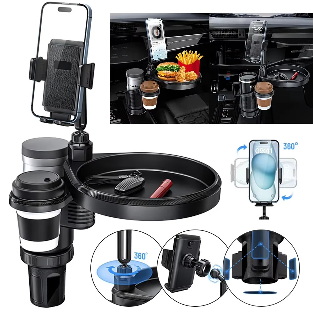 Support Auto 4×1 : Plateau Repas & Porte-Gobelet Rotatif 360°