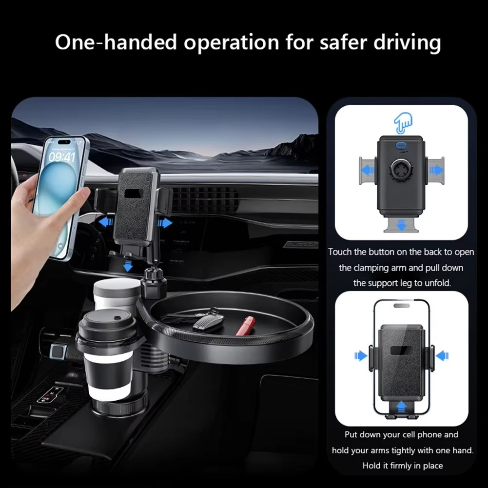Support Auto 4×1 : Plateau Repas & Porte-Gobelet Rotatif 360°