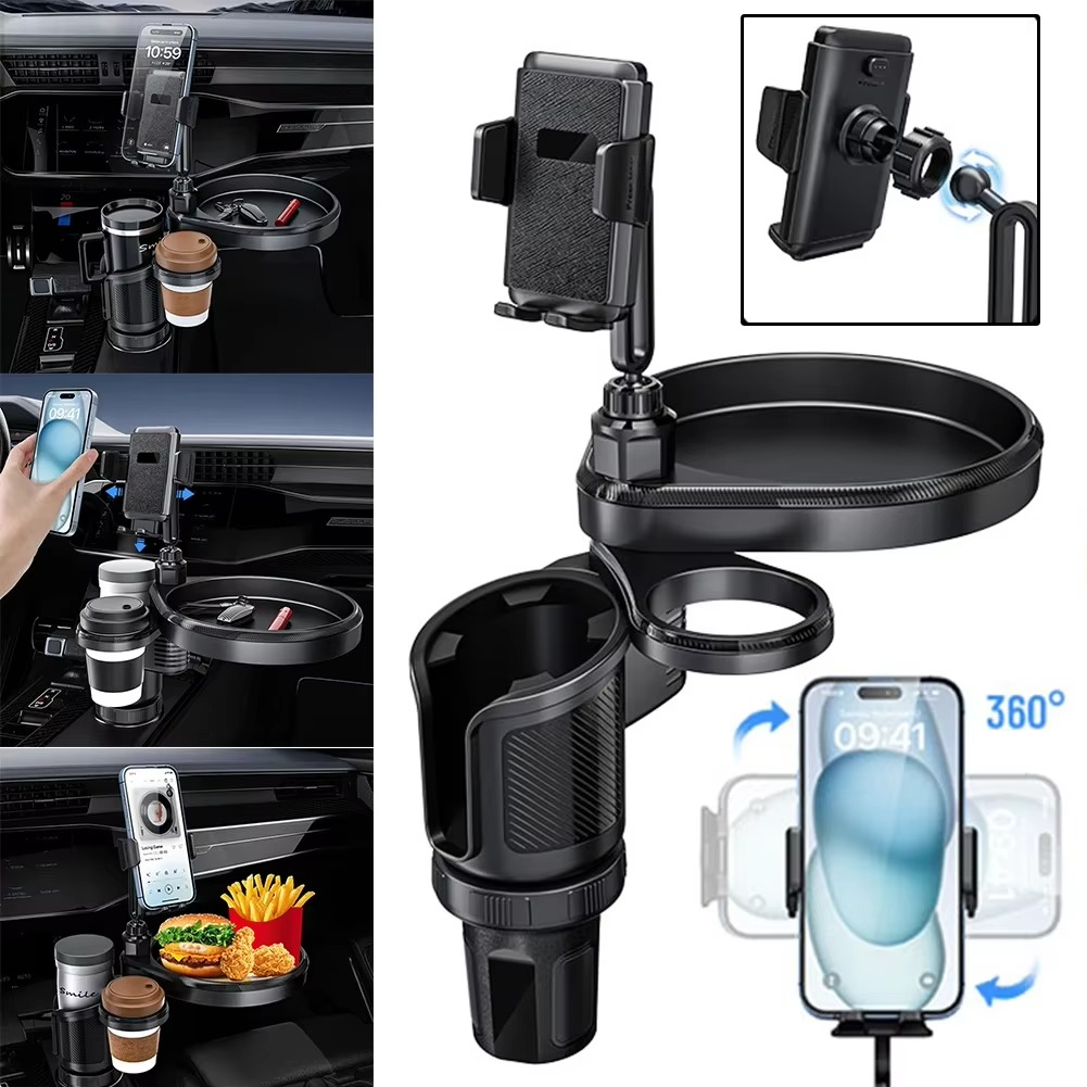 Support Auto 4×1 : Plateau Repas & Porte-Gobelet Rotatif 360°