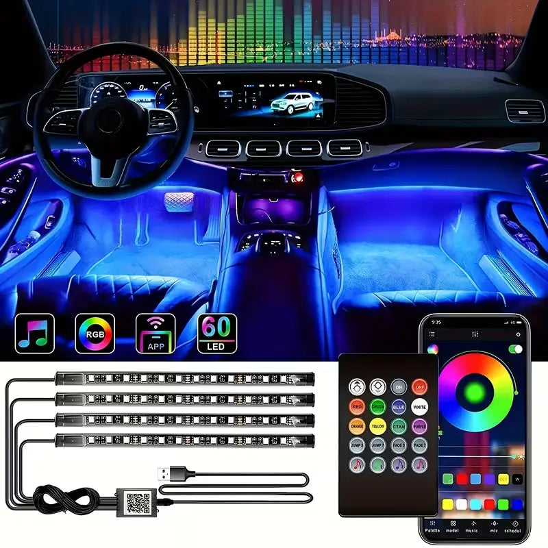 (4 Pcs) LED Ambiance Voiture RGB – avec Contrôle Musical